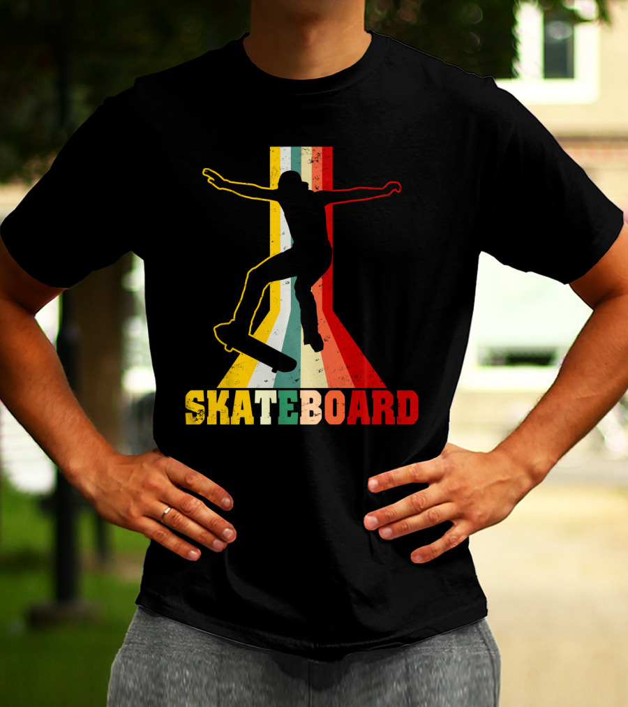 Retro Skateboard Silhouette With Vintage Color Stripes T-Shirt