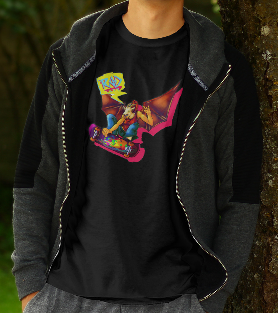 RAD Bat-Winged Skateboarder With Neon Graffiti Aesthetic T-Shirt