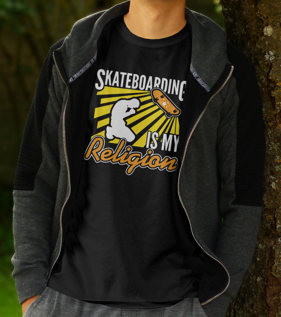 Skateboarding Is My Religion Kneeling Silhouette With Skateboard And Sunburst T-Shirt