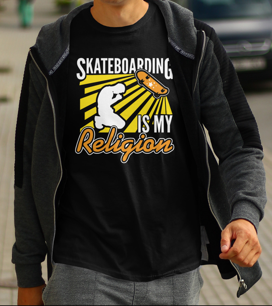 Skateboarding Is My Religion Kneeling Silhouette With Skateboard And Sunburst T-Shirt