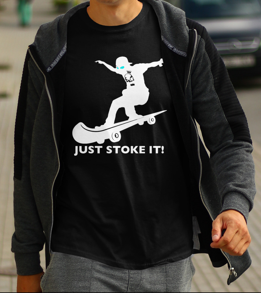 JUST STOKE IT Skateboarding Silhouette Skull T-Shirt