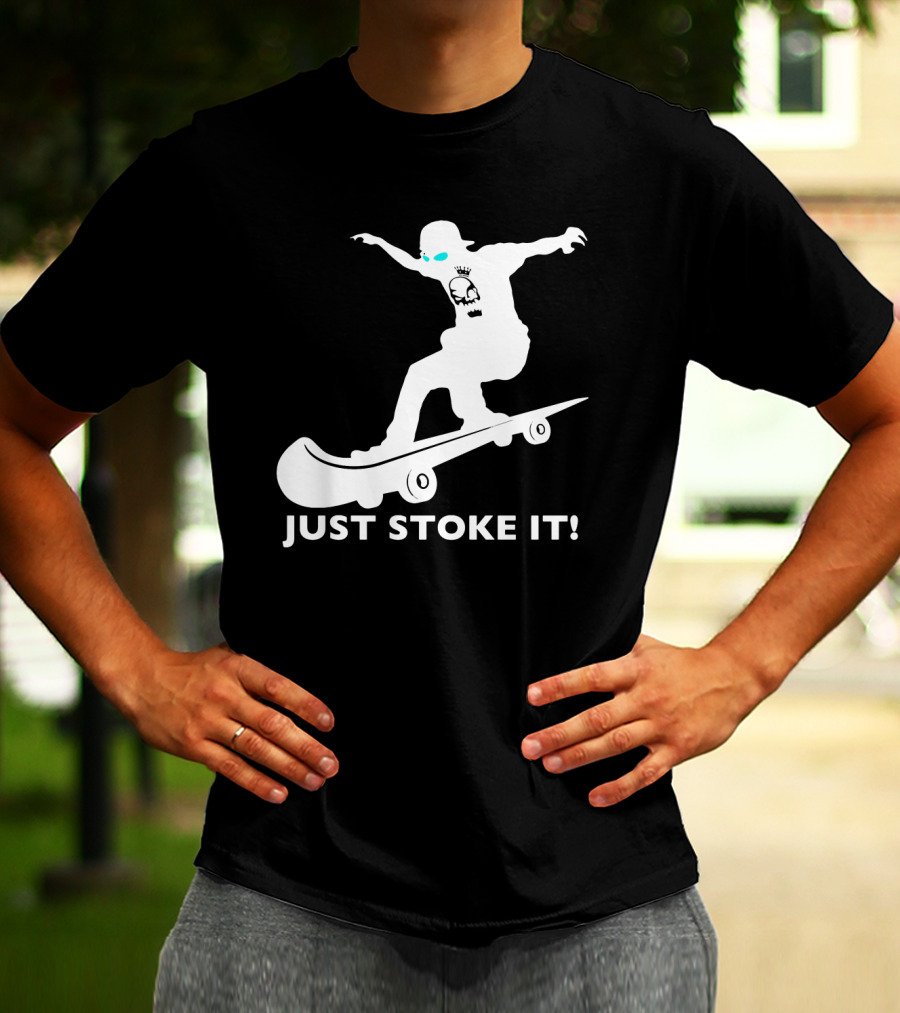 JUST STOKE IT Skateboarding Silhouette Skull T-Shirt