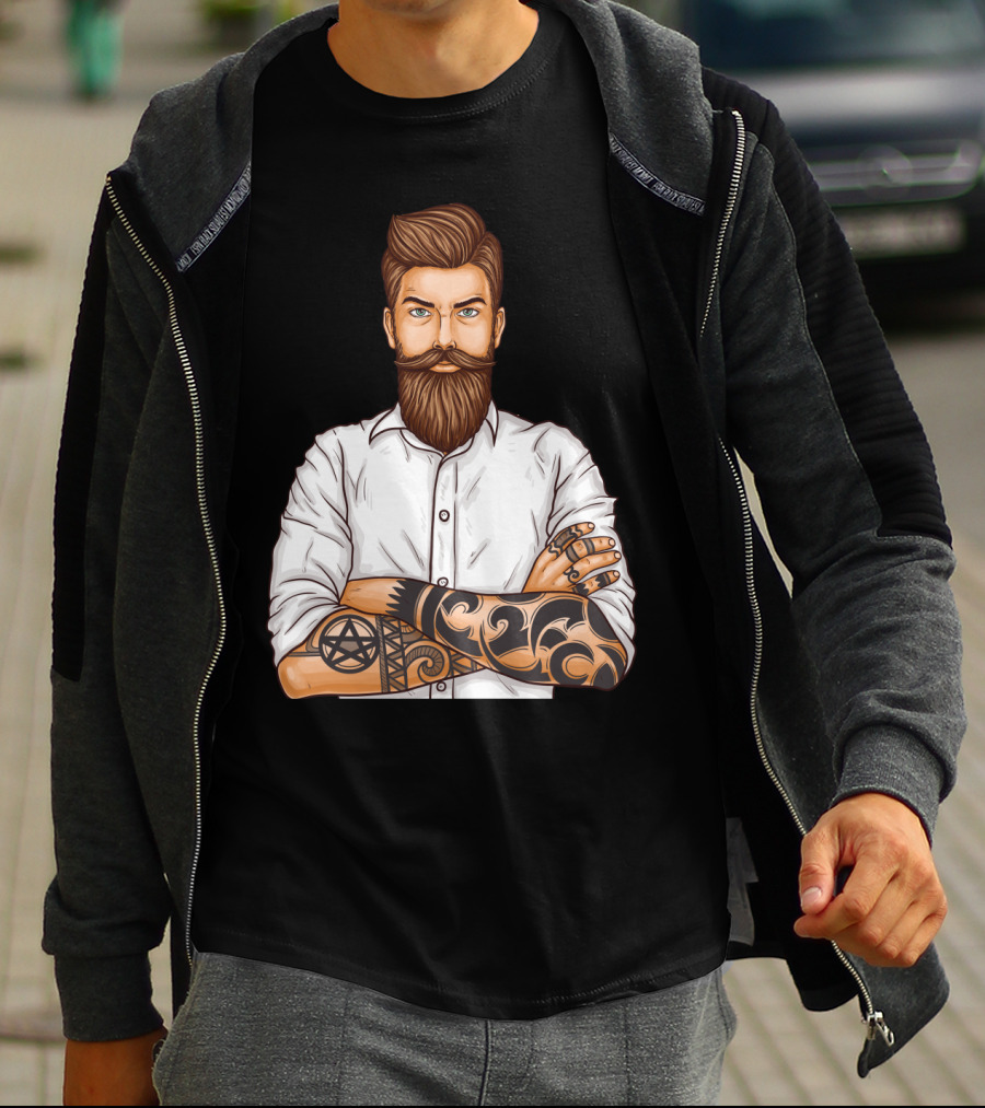Barber Style Bearded Man With Tattoo T-Shirt