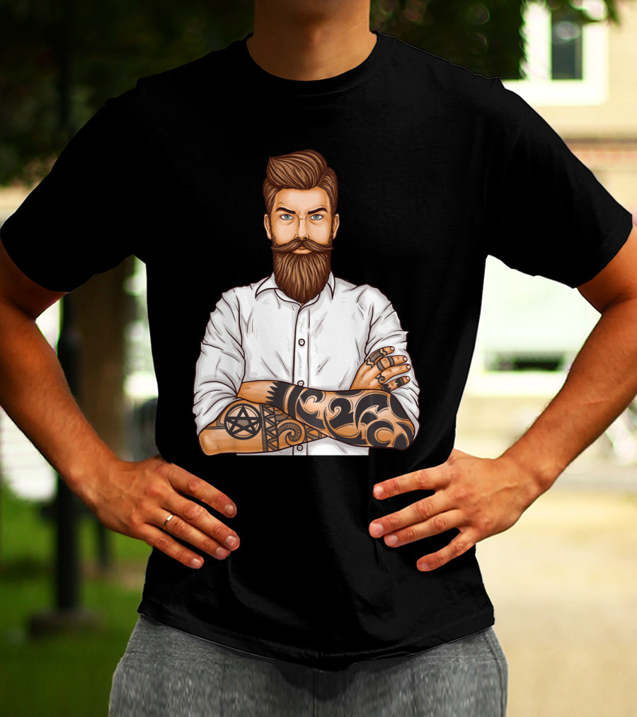 Barber Style Bearded Man With Tattoo T-Shirt