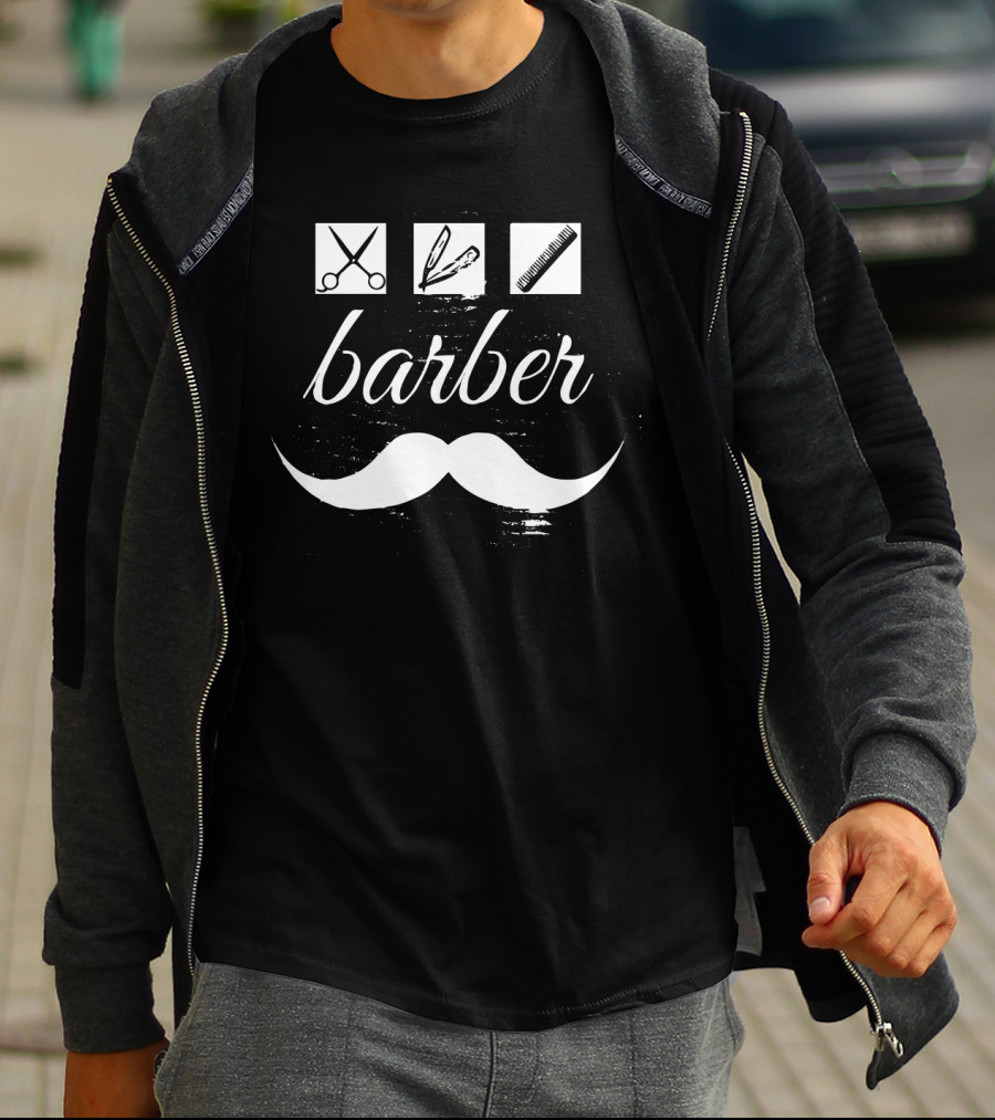 Barber Scissors Comb Razor Moustache Icon Trio T-Shirt