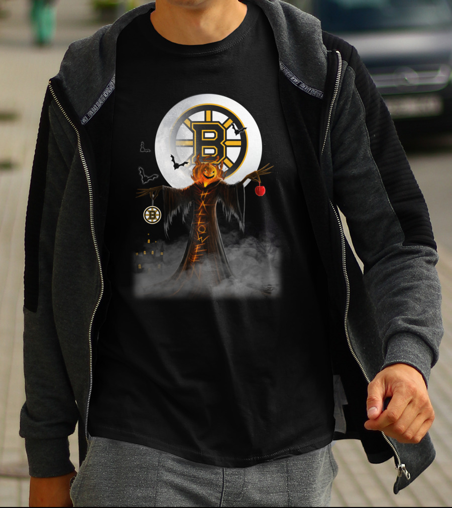 Halloween Boston Bruins Spooky Pumpkin Moon Bats T-Shirt