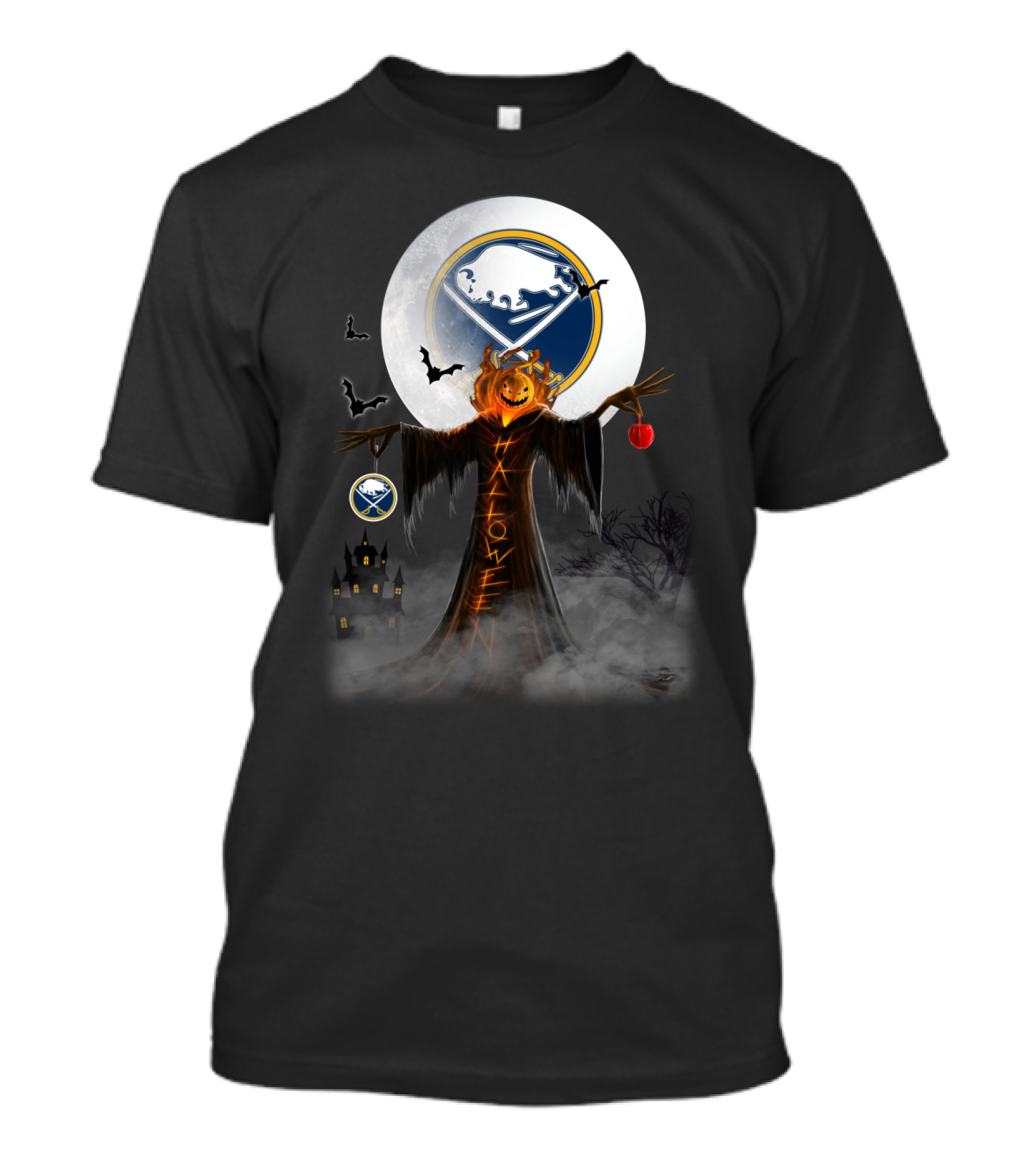 Halloween Buffalo Sabres Logo With Pumpkin Head Grim Reaper And Bats T-Shirt
