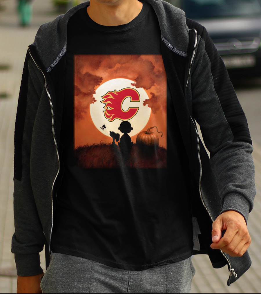 Calgary Flames Halloween Moon And Pumpkin T-Shirt