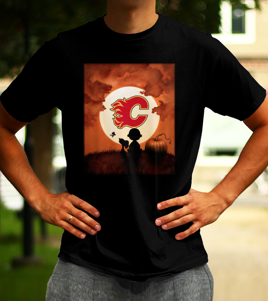Calgary Flames Halloween Moon And Pumpkin T-Shirt