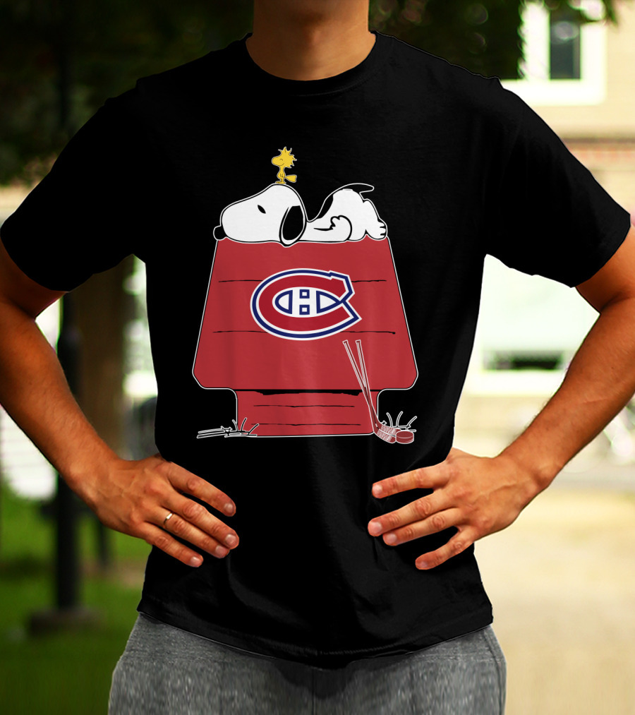 Snoopy And Woodstock With Montreal Canadiens Logo On Doghouse With Hockey Stick T-Shirt