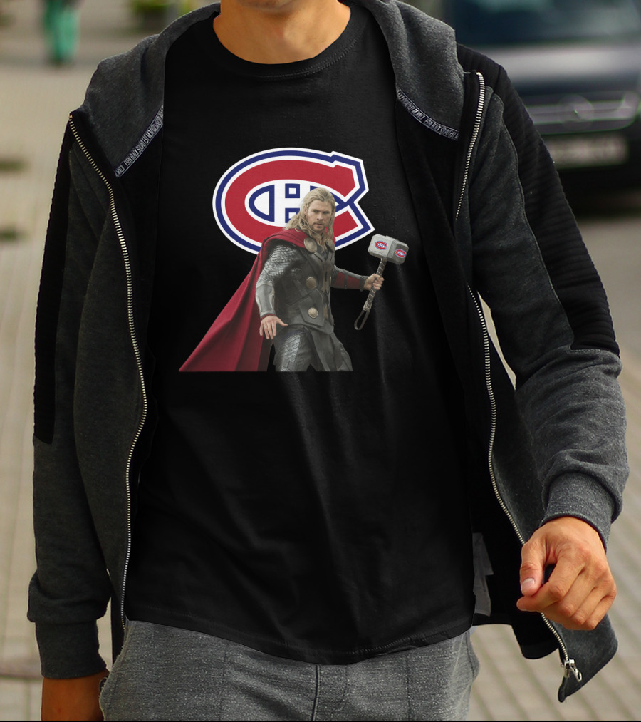 Canadiens Logo With Hero Holding Mjölnir Hammer T-Shirt