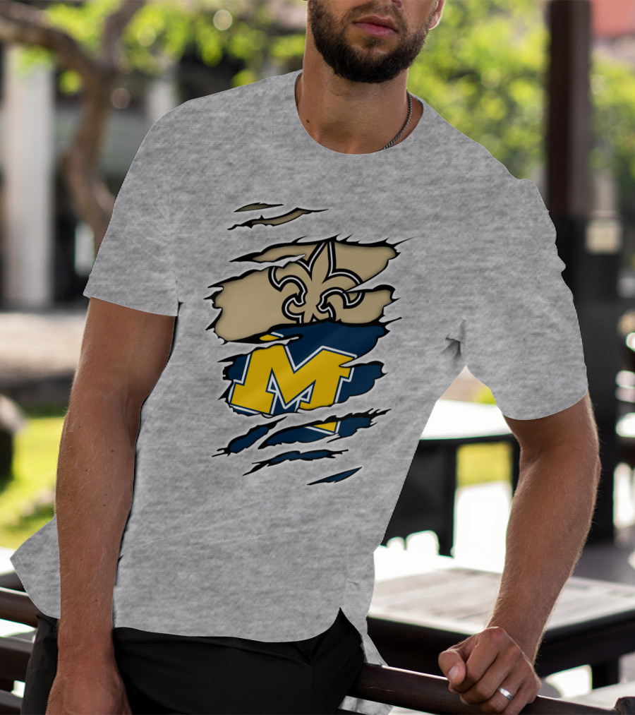 New Orleans Saints Fleur-De-Lis And Michigan Wolverines M Logo Ripped T-Shirt