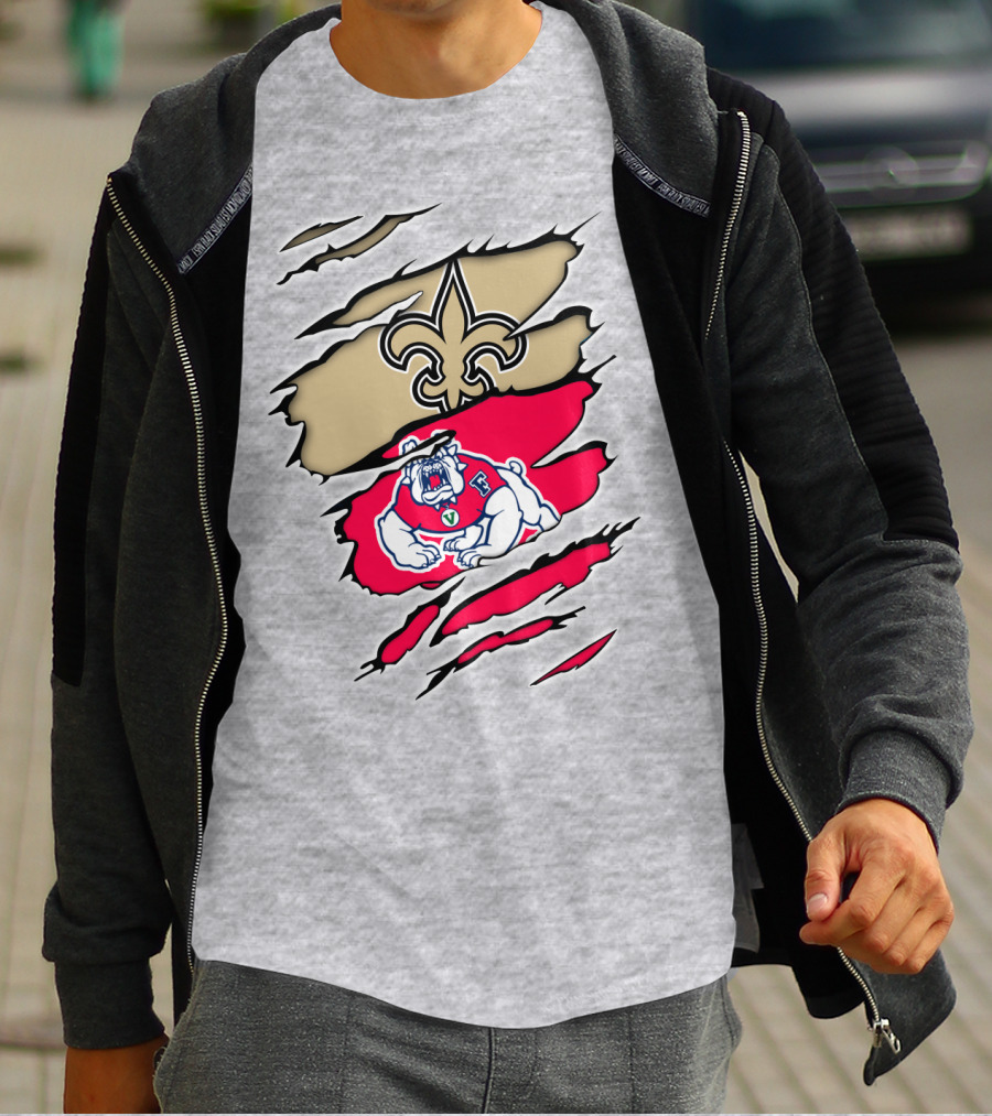 Fresno State Bulldogs And New Orleans Saints Emblem Fusion T-Shirt