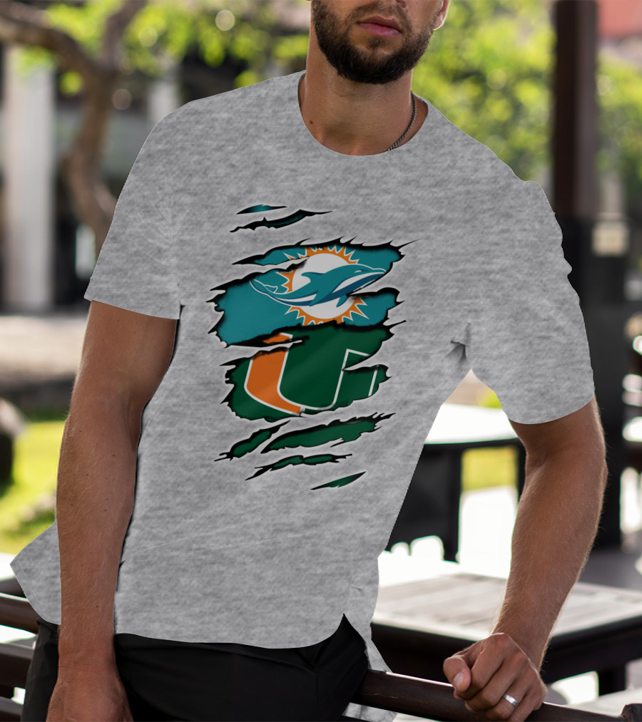 Miami Dolphins University Of Miami Hurricanes Logo Fusion T-Shirt