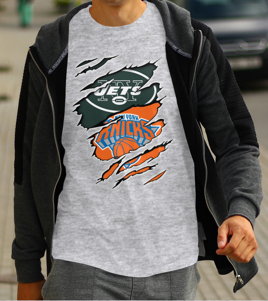 New York Jets Knicks Basketball Football Fan Crossover T-Shirt