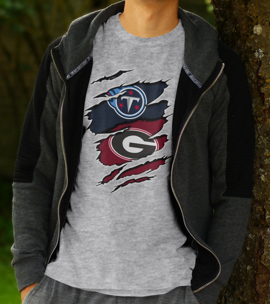 Tennessee Titans Georgia Bulldogs Claw Marks Fusion Logo With Team Icons And Colors T-Shirt