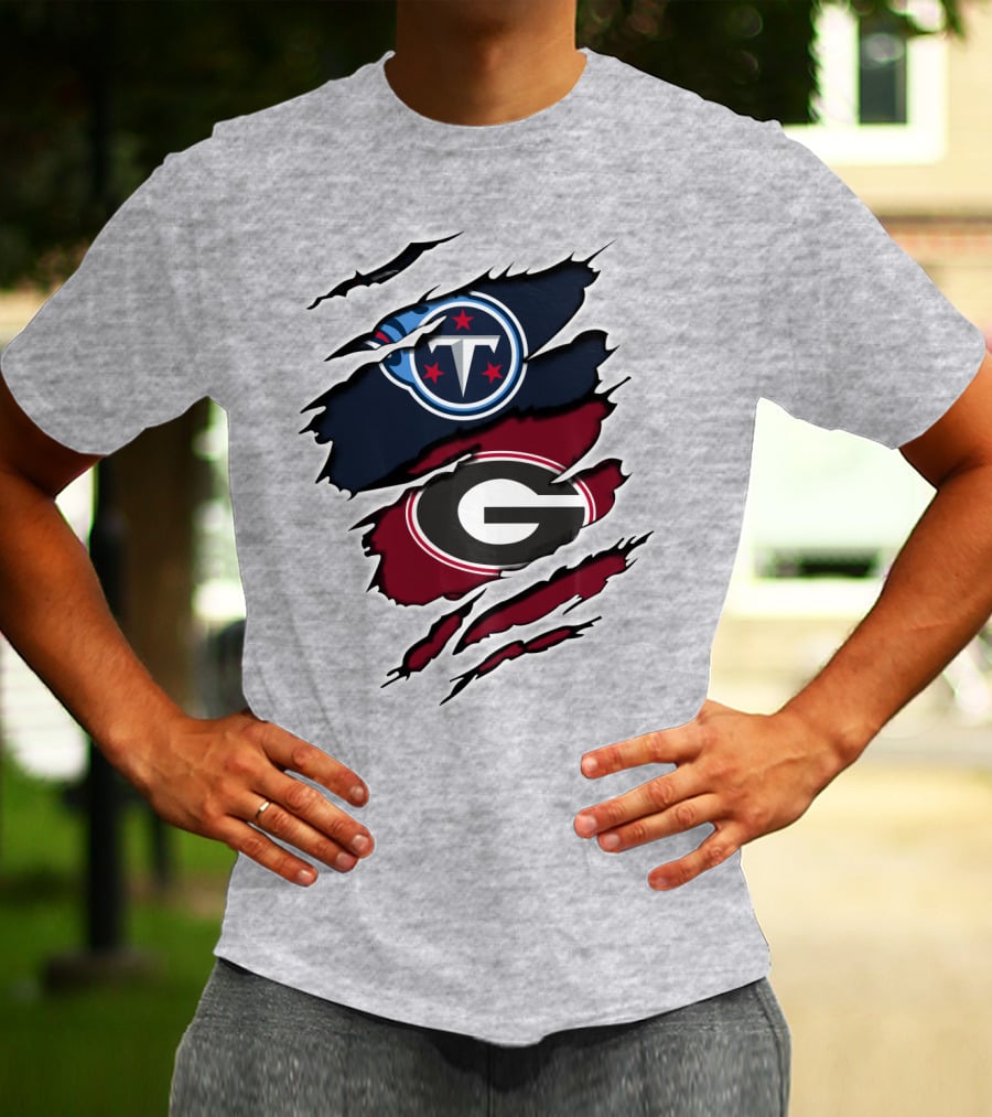 Tennessee Titans Georgia Bulldogs Claw Marks Fusion Logo With Team Icons And Colors T-Shirt