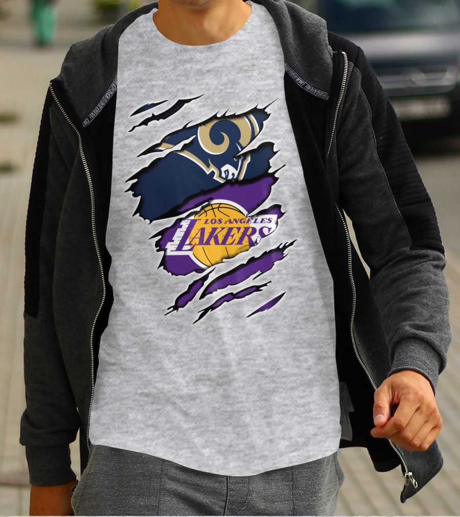 Los Angeles Rams Lakers Logos Scratch Sports Collaboration T-Shirt
