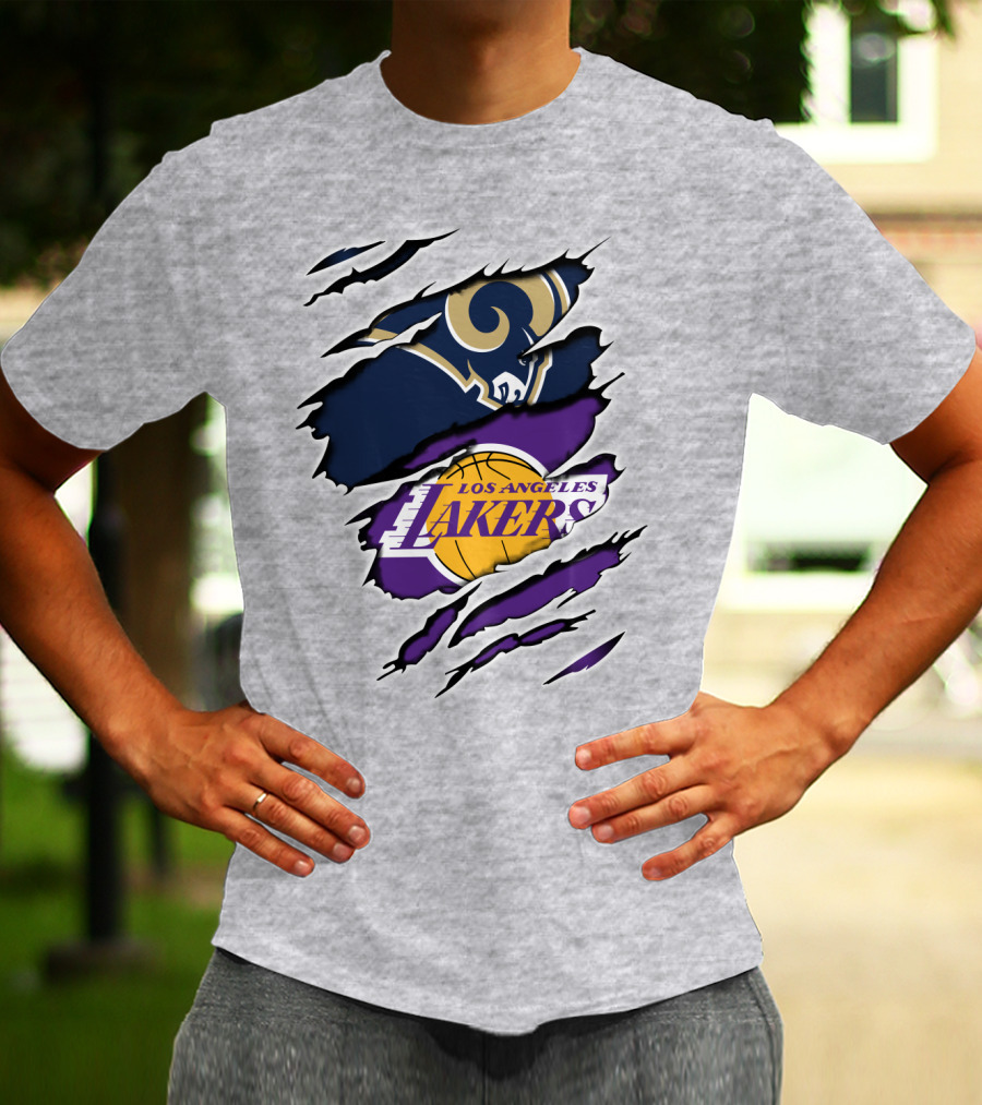 Los Angeles Rams Lakers Logos Scratch Sports Collaboration T-Shirt