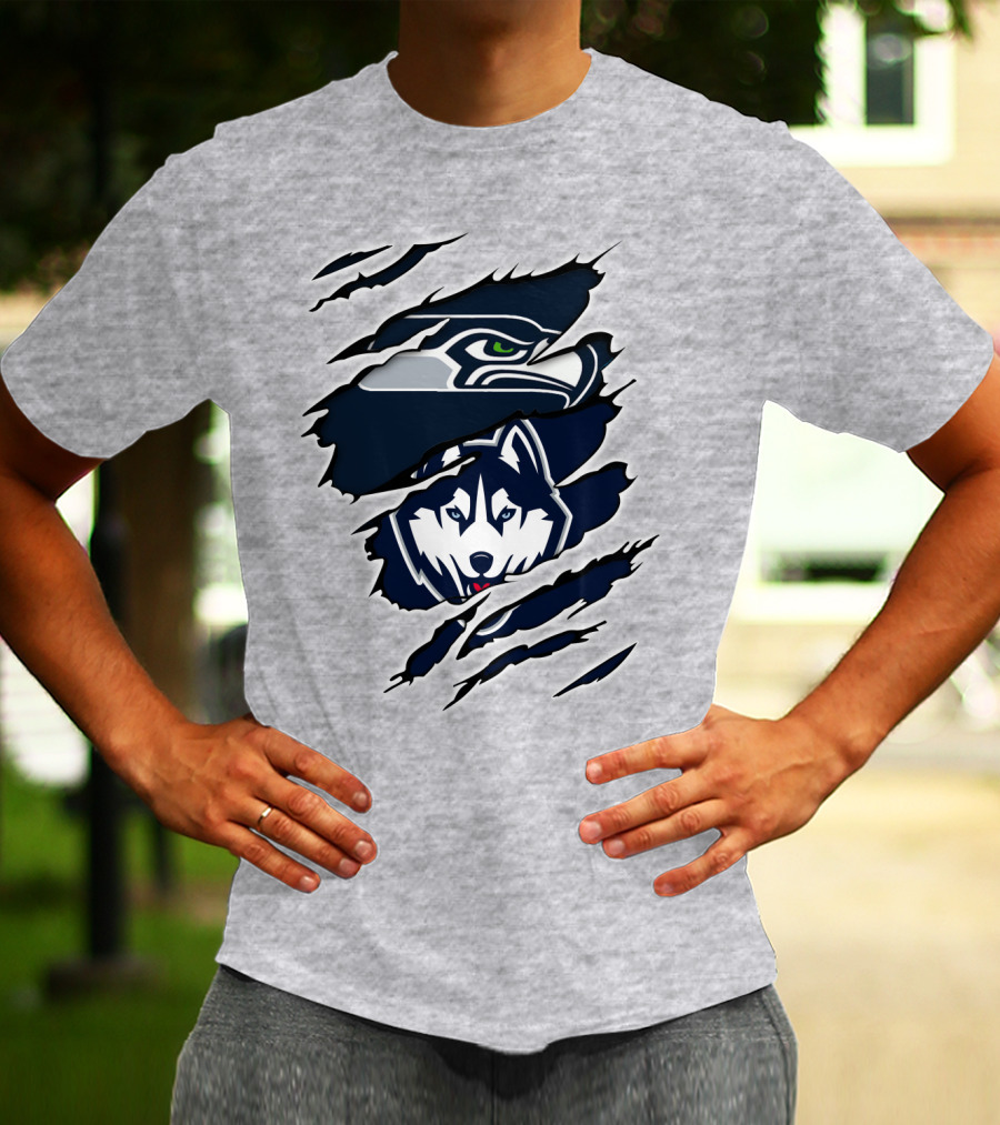 Seahawks Huskies Logo Mashup Aggressive Ripped T-Shirt