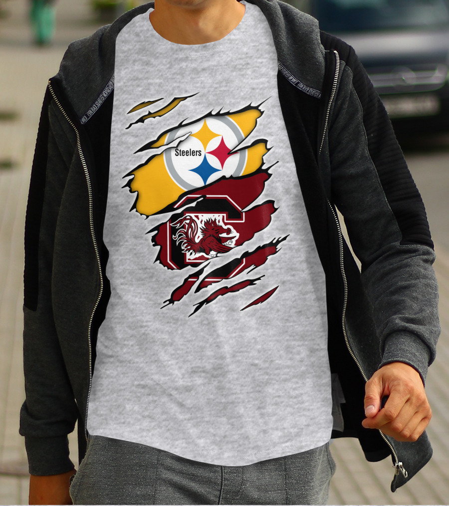 Steelers Gamecocks Logo Mashup With Scratch Marks T-Shirt