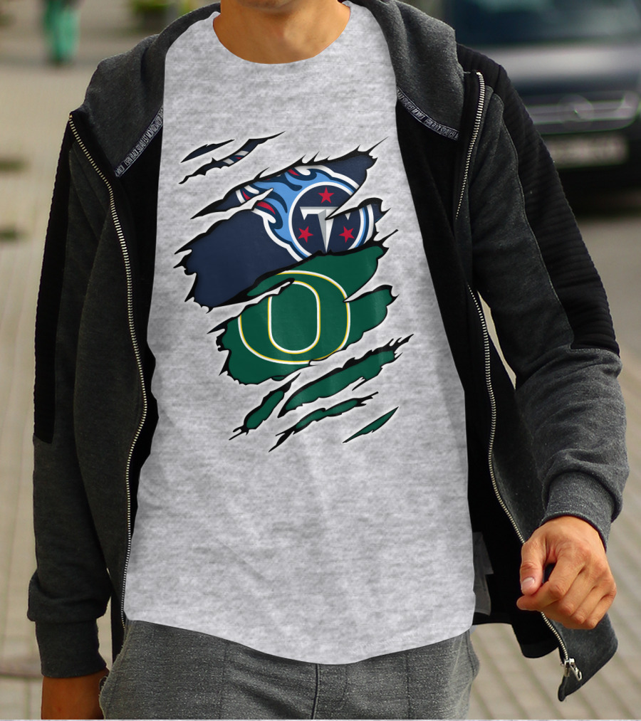 Tennessee Titans And Oregon Ducks Ripped Logo Claw Marks T-Shirt