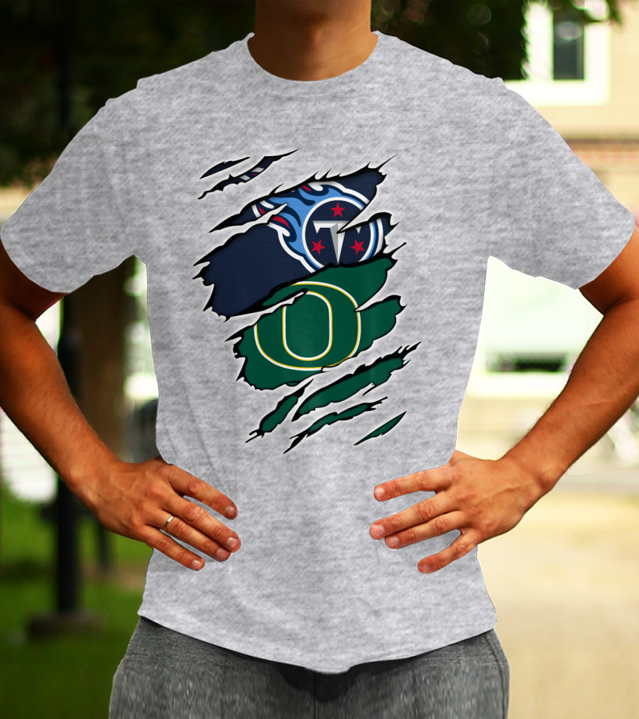 Tennessee Titans And Oregon Ducks Ripped Logo Claw Marks T-Shirt