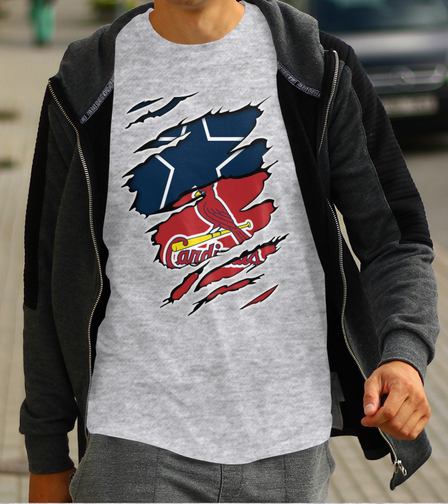 Cowboys Cardinals Star And Bird Logos On Torn Background T-Shirt