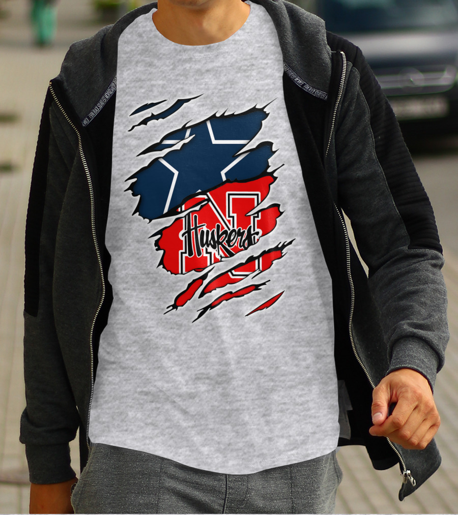 Cowboys Nebraska Huskers N Logo With Star Ripped T-Shirt