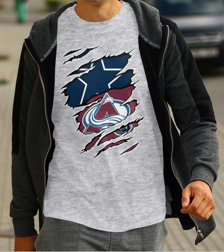 Cowboys And Avalanche Logos Combined Through Torn Fabric T-Shirt