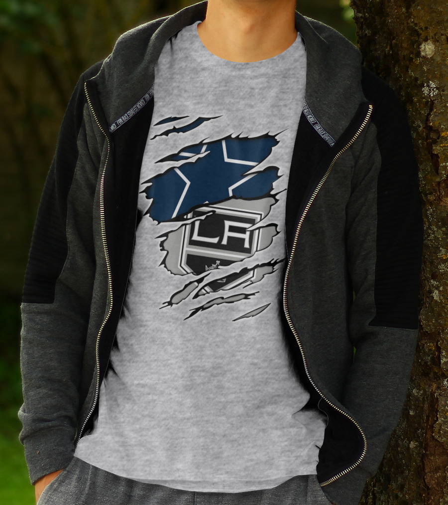 Cowboys Kings LA Logos Behind Torned Blue Star T-Shirt