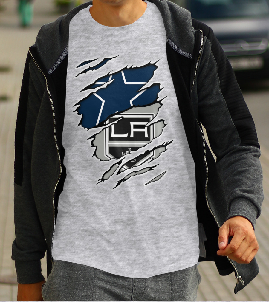 Cowboys Kings LA Logos Behind Torned Blue Star T-Shirt