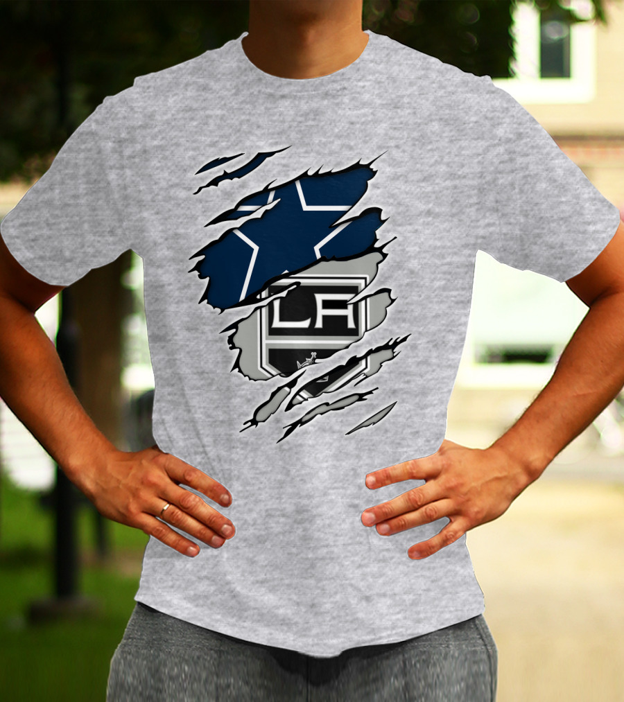 Cowboys Kings LA Logos Behind Torned Blue Star T-Shirt