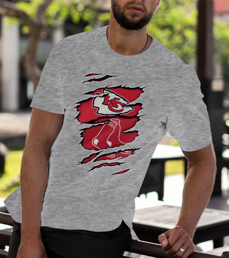 Chiefs Redsox KC Logo And Sox Emblem Torn T-Shirt