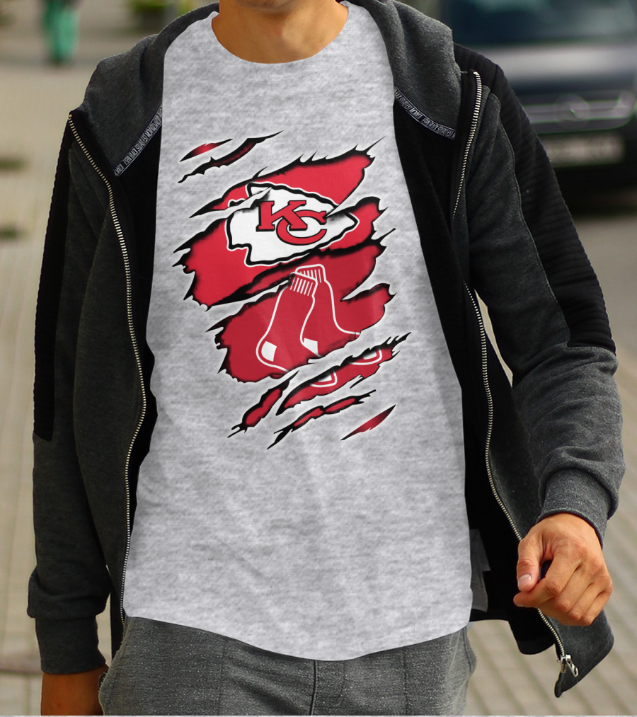 Chiefs Redsox KC Logo And Sox Emblem Torn T-Shirt