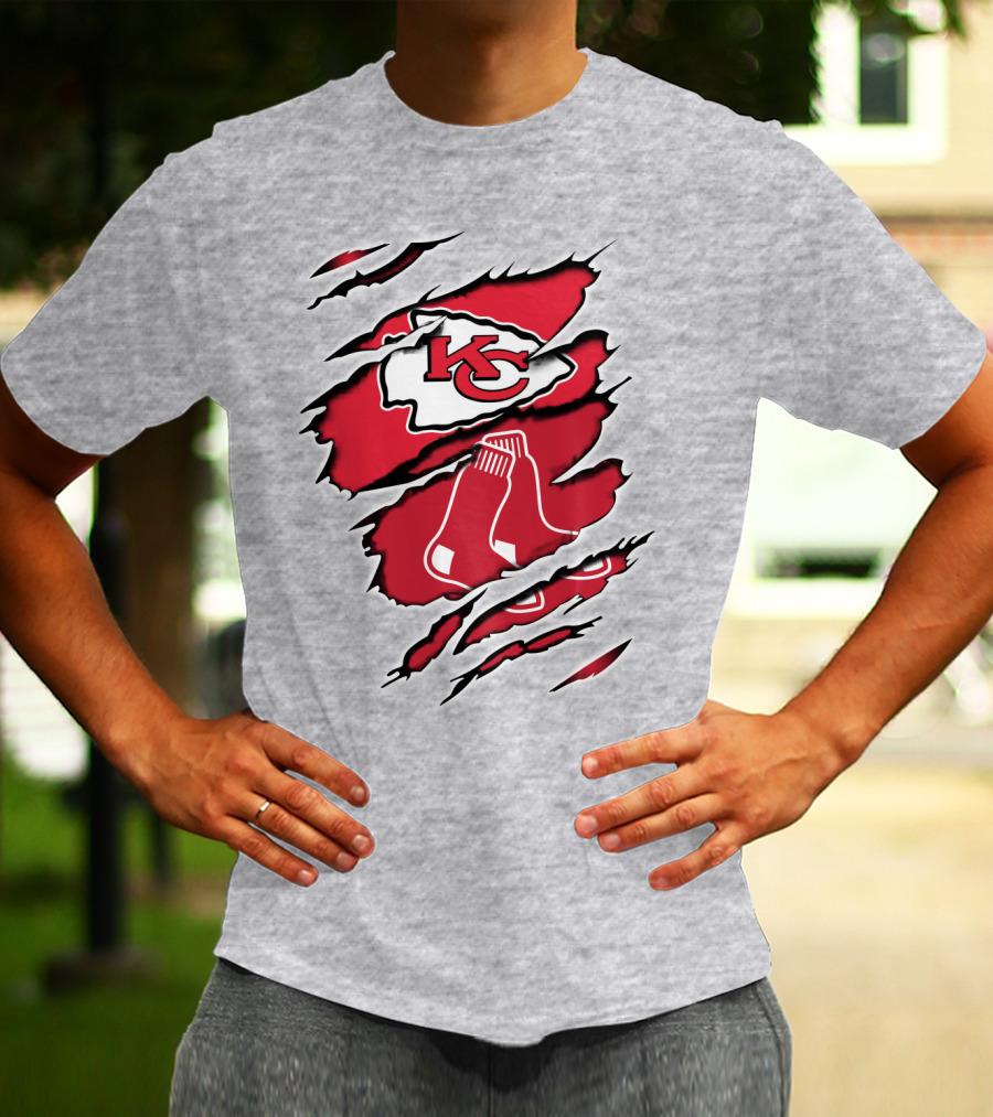 Chiefs Redsox KC Logo And Sox Emblem Torn T-Shirt