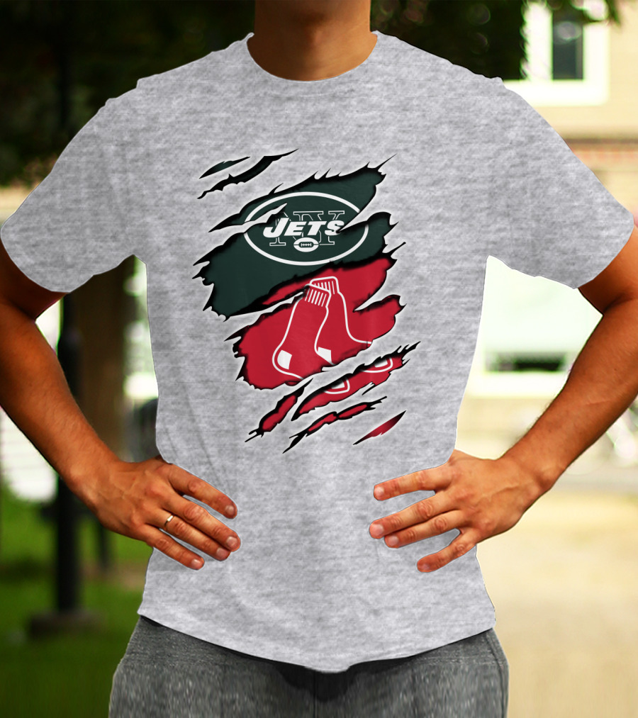 Jets Redsox Torn Logos Green Football Red Socks T-Shirt