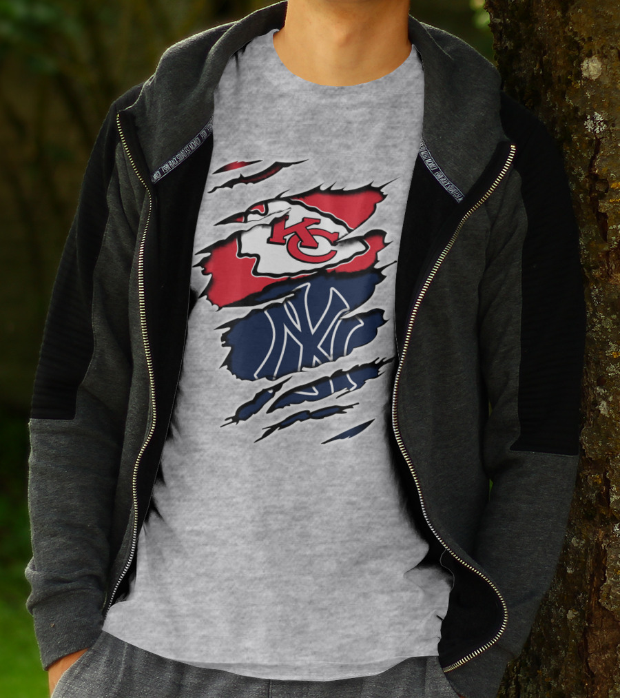 Chiefs Yankees KC NY Hybrid Logo Ripped T-Shirt