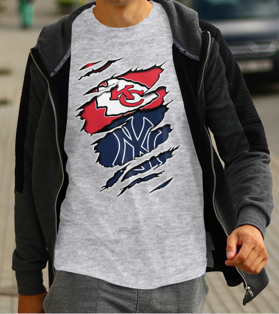 Chiefs Yankees KC NY Hybrid Logo Ripped T-Shirt