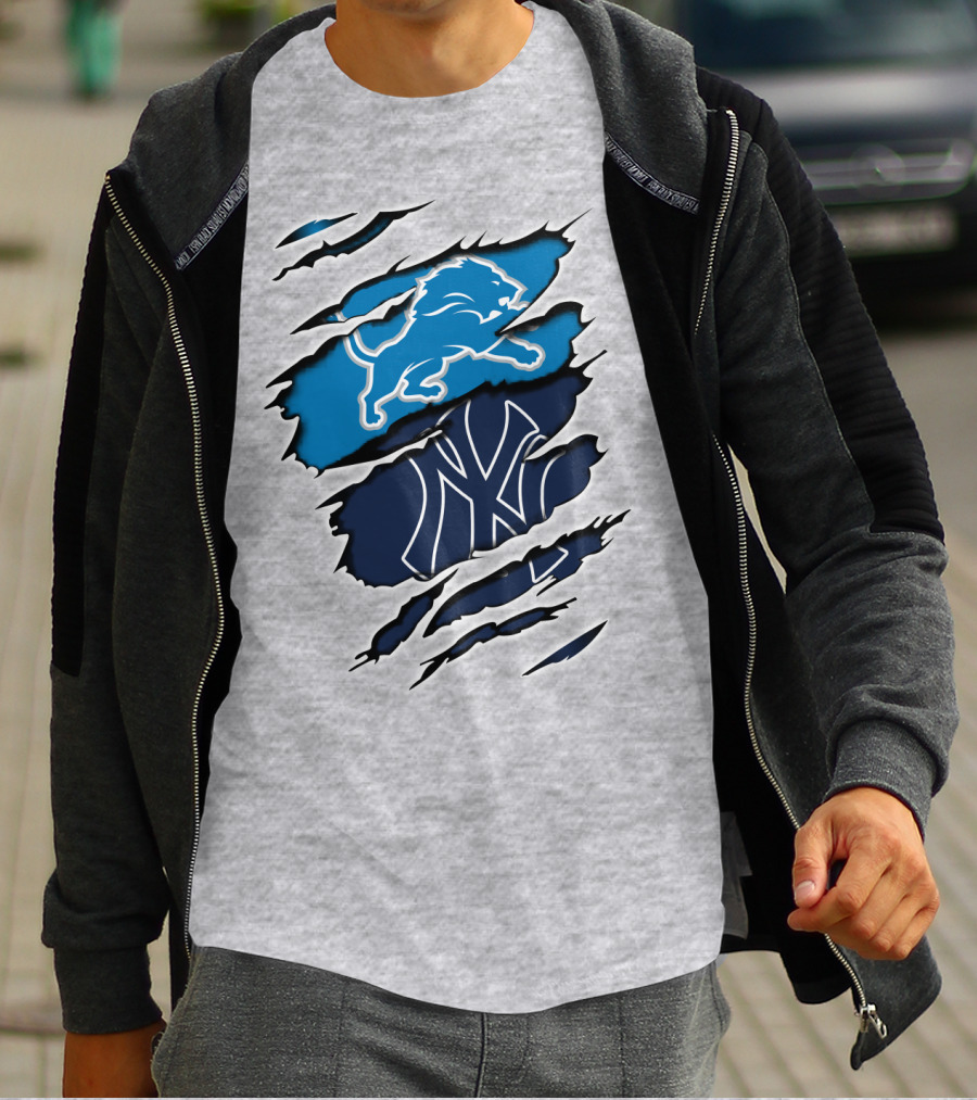 Detroit Lions And New York Yankees Ripped Claw T-Shirt