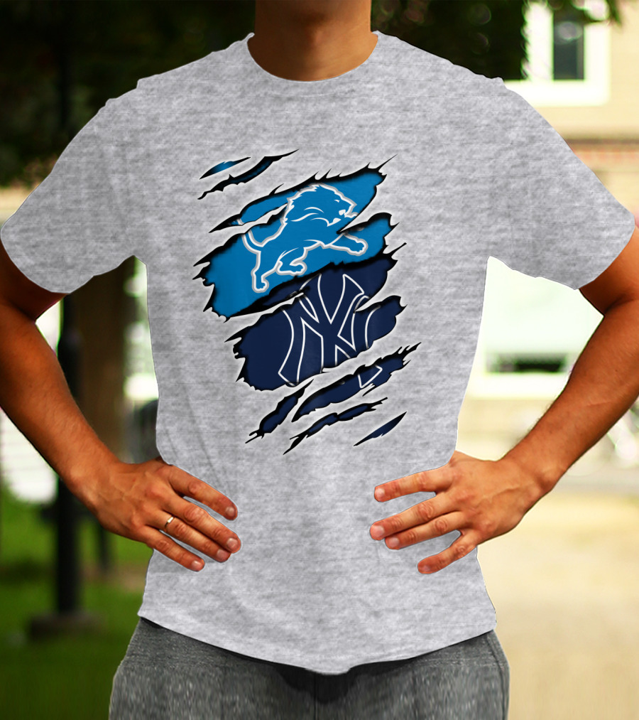 Detroit Lions And New York Yankees Ripped Claw T-Shirt