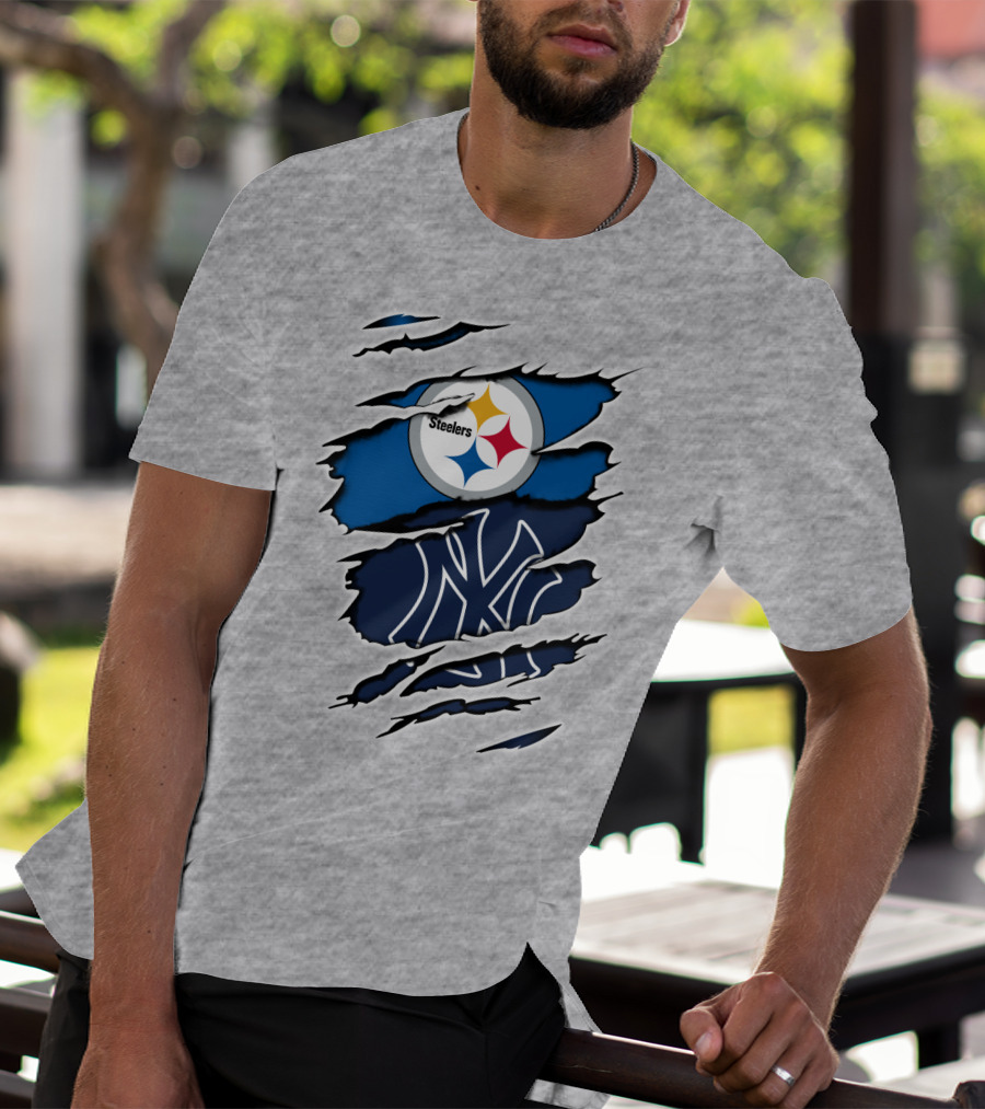Steelers Yankees Logo Fusion Ripped Effect T-Shirt