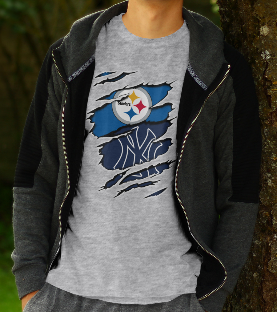 Steelers Yankees Logo Fusion Ripped Effect T-Shirt