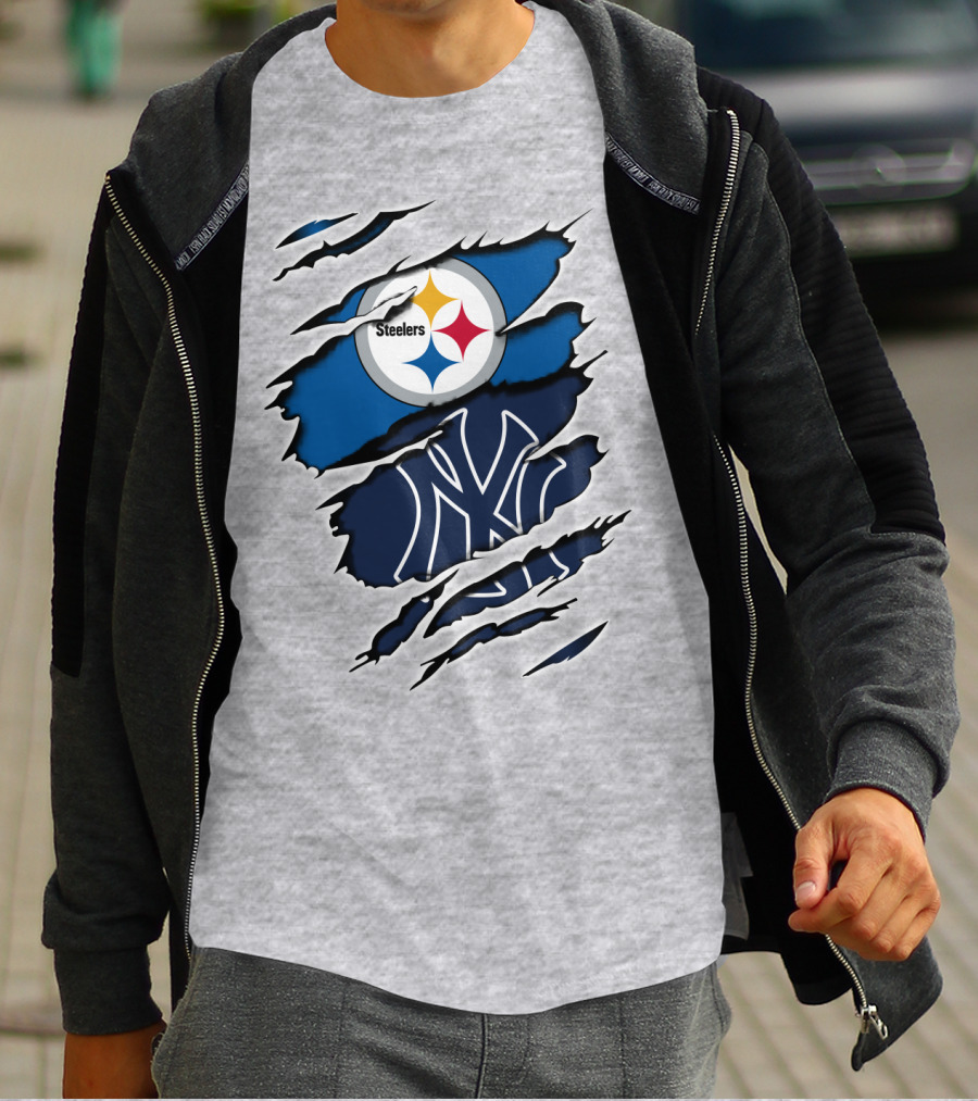 Steelers Yankees Logo Fusion Ripped Effect T-Shirt