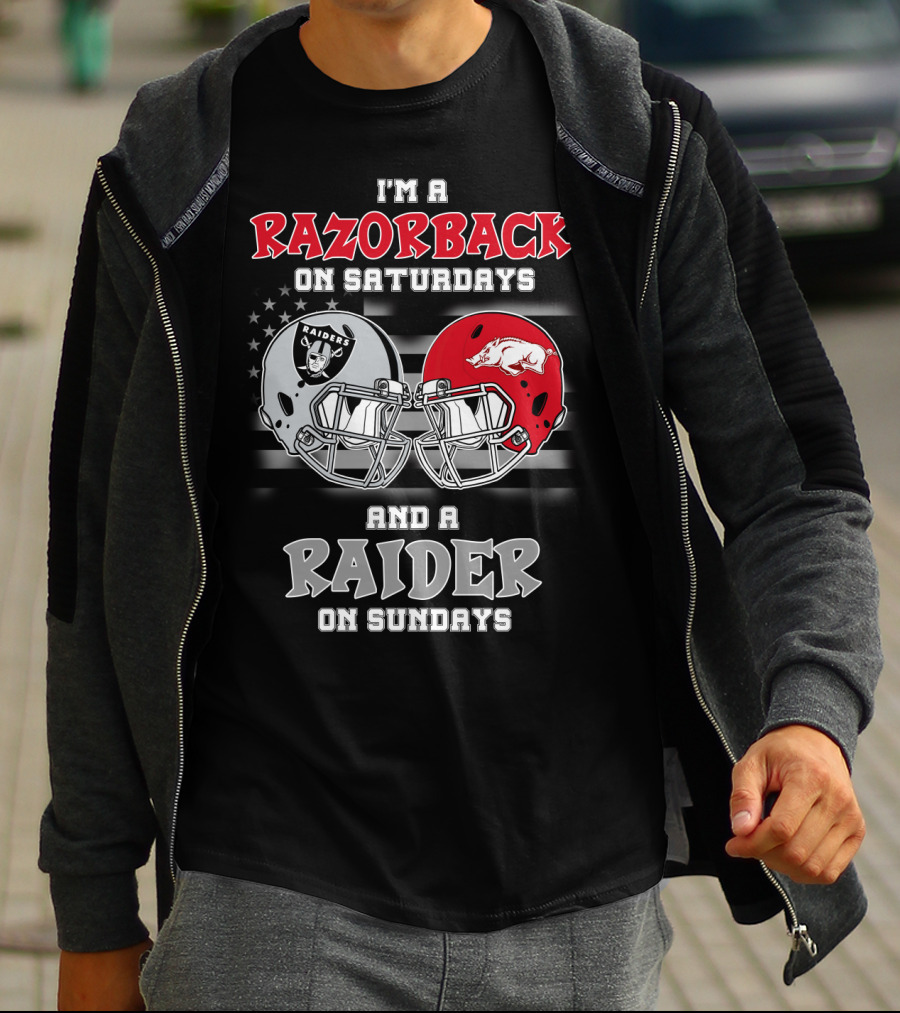 I'm A Razorback On Saturdays And A Raider On Sundays Razorbacks Raiders Helmet T-Shirt