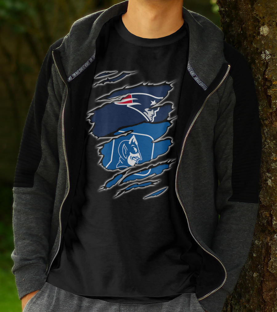 New England Patriots And Duke Blue Devils Logos In Claw Marks T-Shirt