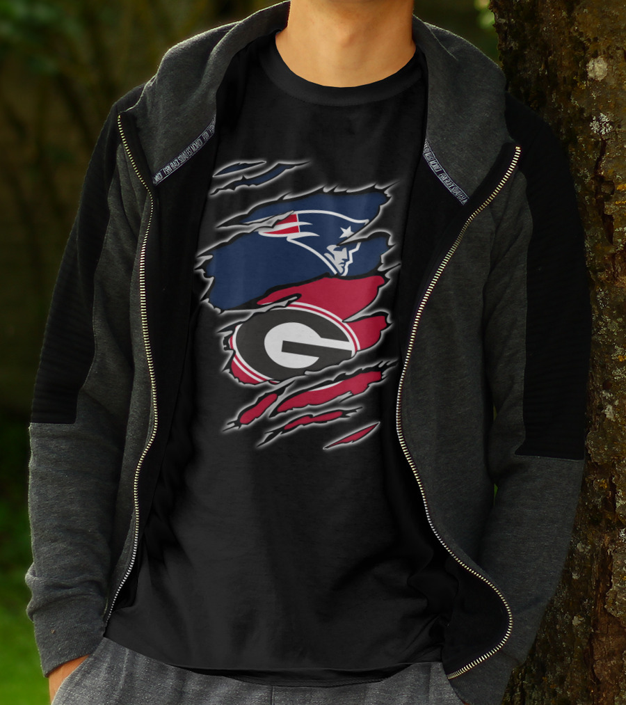 Patriots And Georgia Bulldogs Team Logos Ripped T-Shirt