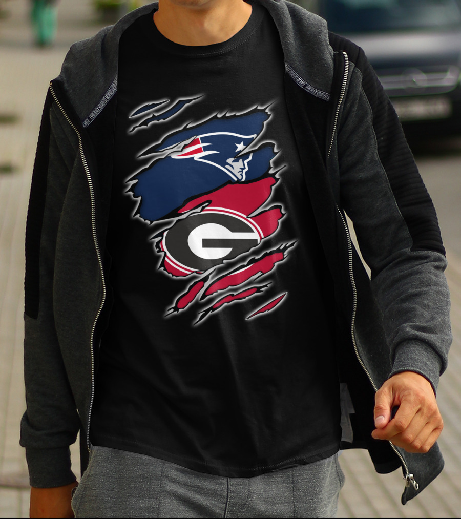 Patriots And Georgia Bulldogs Team Logos Ripped T-Shirt