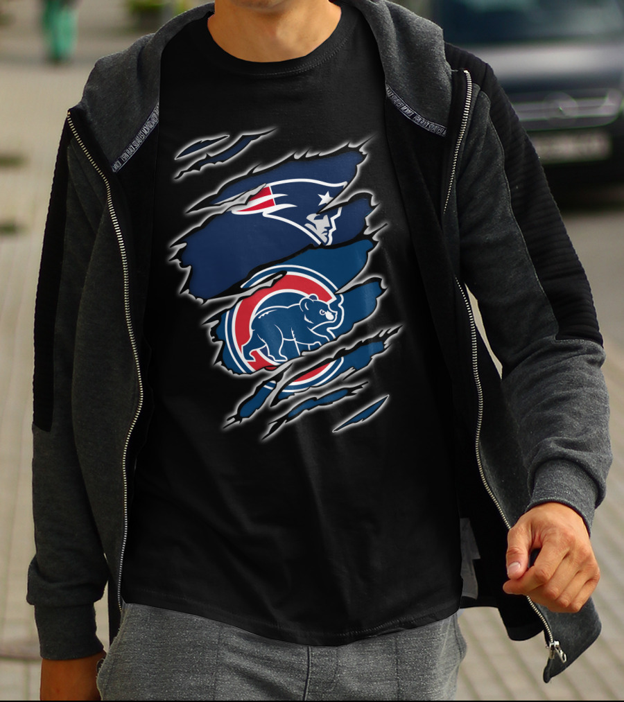 Patriots And Cubs Logos Combined In Claw Mark T-Shirt
