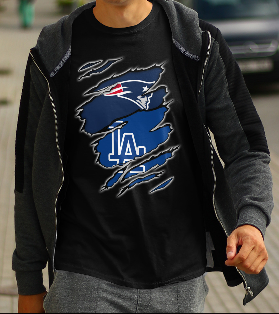Patriots And LA Dodgers Logos In Torn Fabric T-Shirt